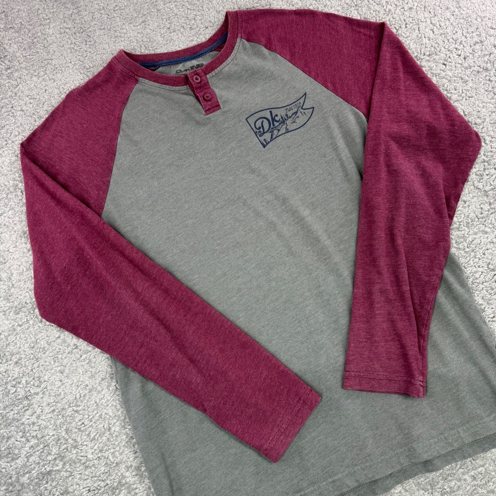 Dakine Mens Grey Burgundy Raglan Henley‎ Long Sleeve Graphic M Shirt surf skate